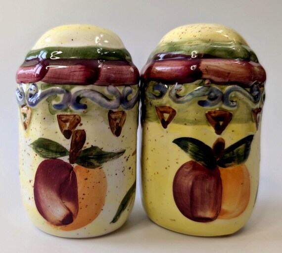 Vtg - Ceramic Salt & Pepper Set - Yellow Tones with Fruit - 3.5'' High