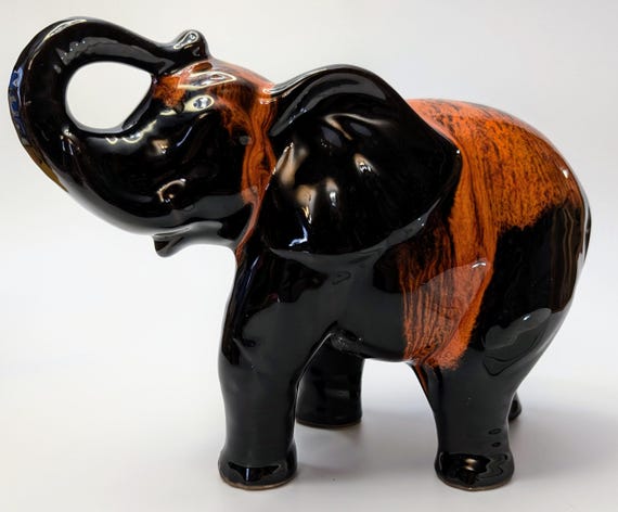 Vintage - MCM - Elephant Pottery Black / Orange / Red - 9.5'' long x 4.75'' wide x 9'' high