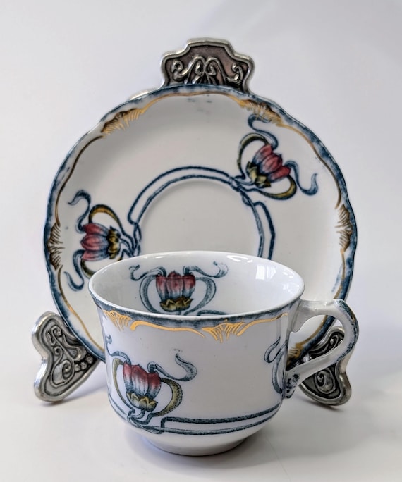 Vintage - Teacup with saucer - white - blue and pink flower pattern - marked Wood & Sons - 3.5''diam saucer and 2.5'' tall cup