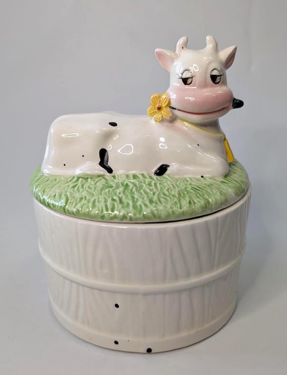 Vintage - Storage Pot / Coffee Jar - Cow with Blue Boots - Ceramic - 6''Tall
