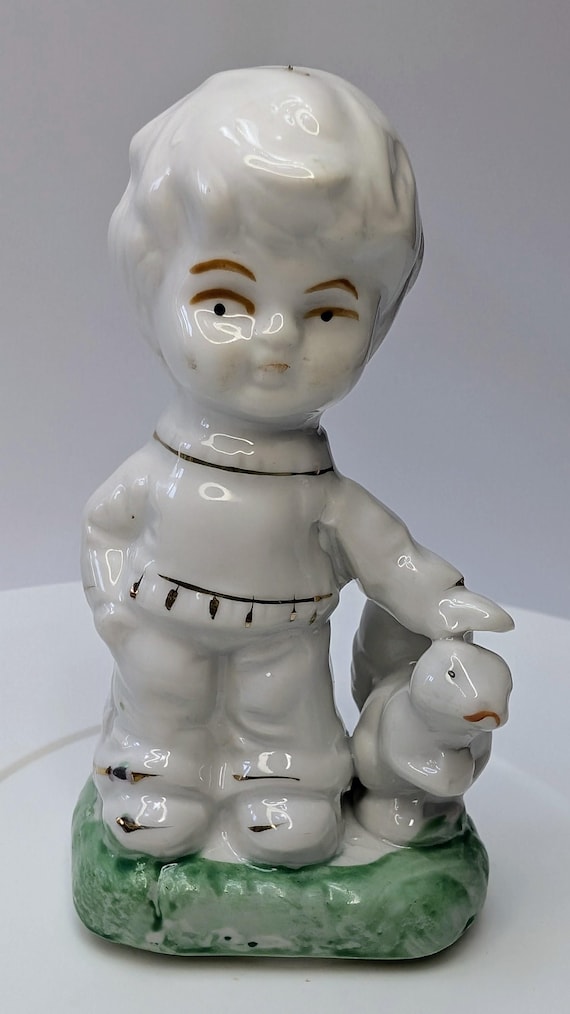Vintage - Figurine - White and gold boy with squirrel - Porcelain - 4'' Tall