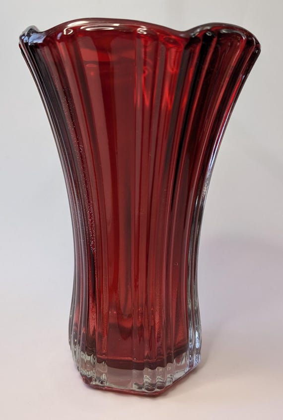 Vintage - Red Vase - Anchor Hocking - made of glass - measures 8'' high x 5'' diameter.