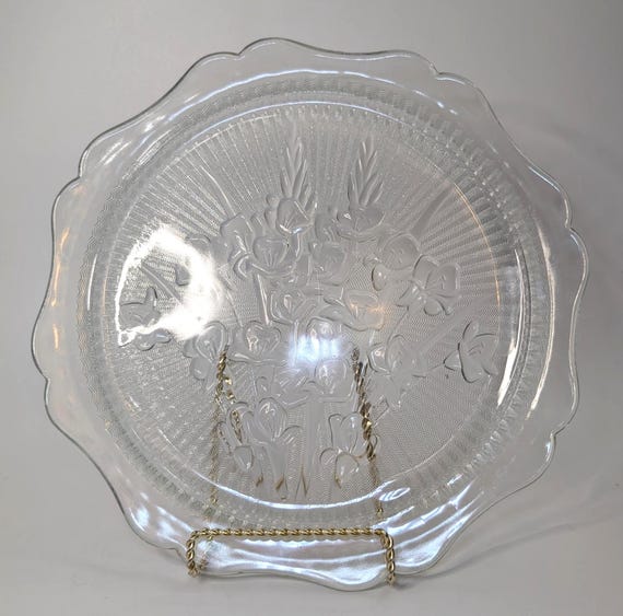 Vintage - Depression - Serving Plate - Jeanette - Iris & herringbone - Clear - 12''diam.