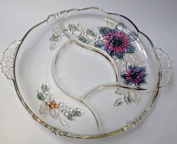 Vintage - Large Tray Sectioned in 4 - Embossed Glass and Colour - 13''diameter