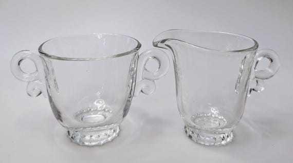 Vintage - Personnal Creamer / Milk & Sugar - Heiser Glass - Lariat pattern - sugar 3.5" tall - creamer 3.5