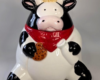 Black and White Cow Biscuit Jar with Red Scarf in ceramic by RUSS - height 8.5''