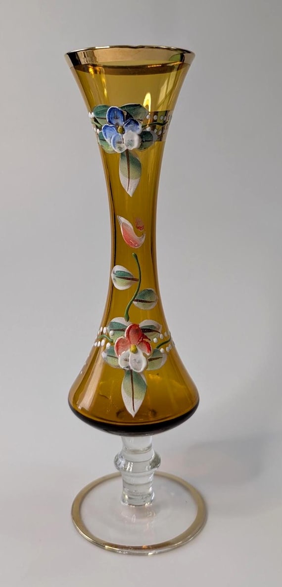 Vintage - Bohemian Glass Vase - Amber - Hand Painted - 8'' High