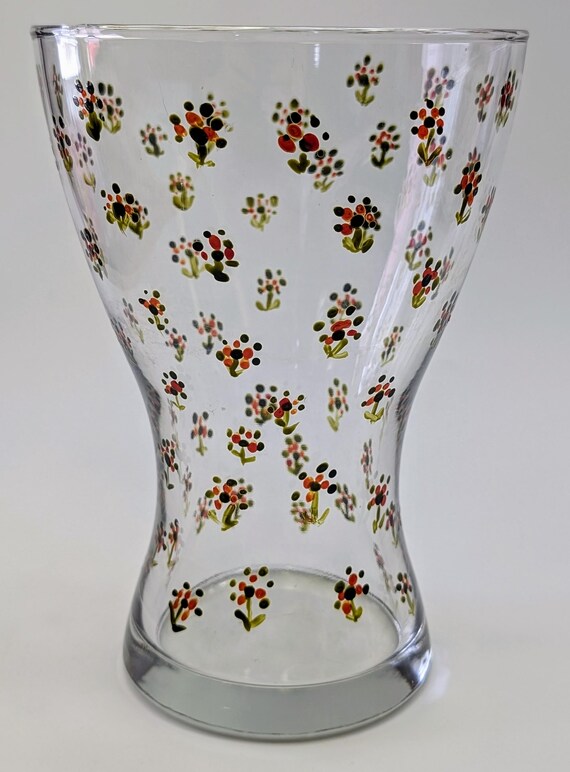 Cute - Glass Vase / Jar with Hand-Painted Flowers - Measures 8''Tall and 5.5'' Wide at Opening