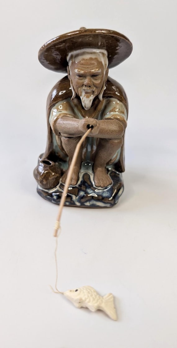 Vintage - Asian Fisherman Figurine Shiwan - handmade - made of clay - measures 4'' high