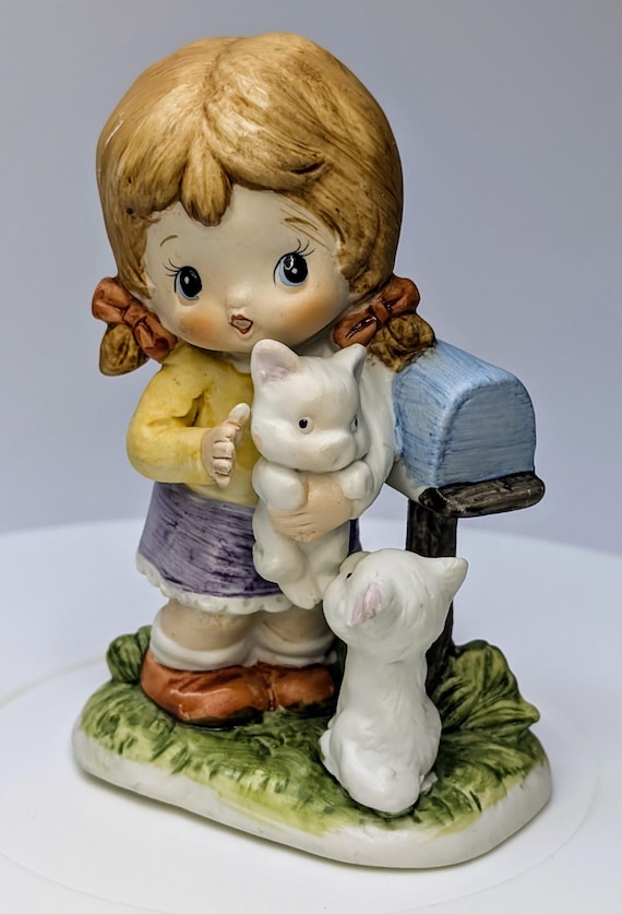 Vintage - Figurine - Girl with Mailbox and White Kittens - Porcelain - 4.5'' Tall