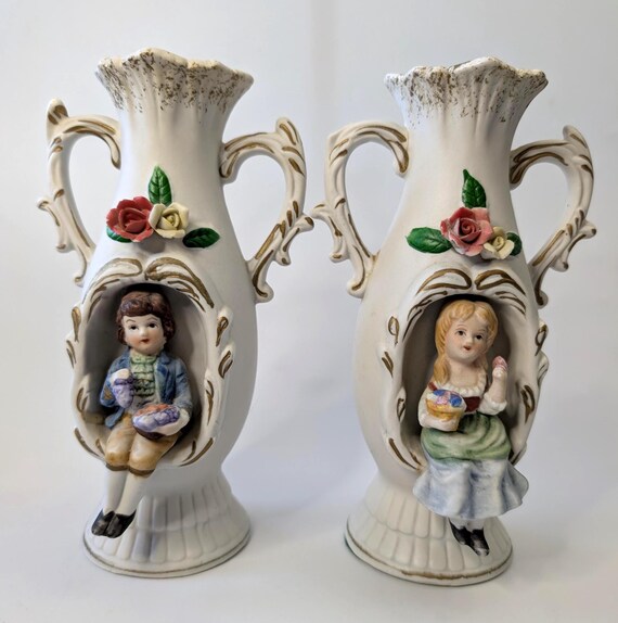 Vintage - Pair of Victorian Style Porcelain Vases - Flowers and 3D Figurines