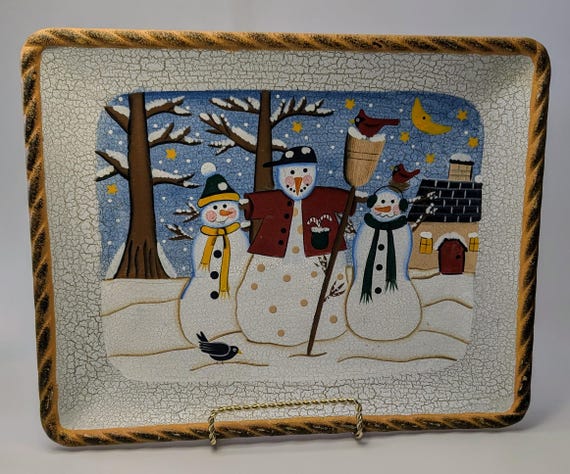 Vintage - Tray with Festive Snowmen - measures 13''long x 10.5''wide