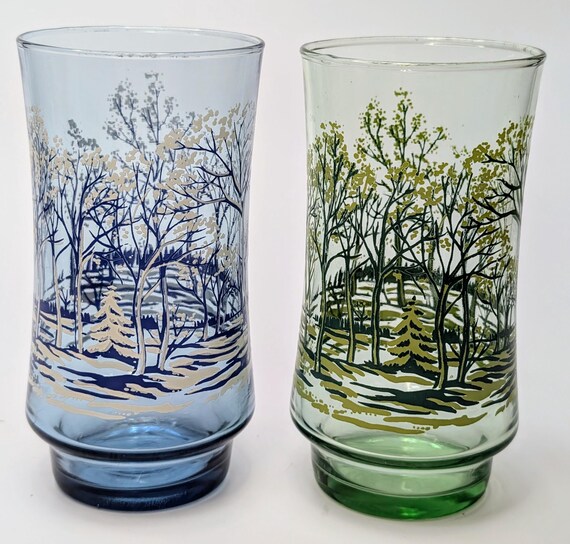 Vintage - MCM - Set of 2 Forest Glasses - Measuring 5.5'' Tall x 2.75'' Diameter at Opening