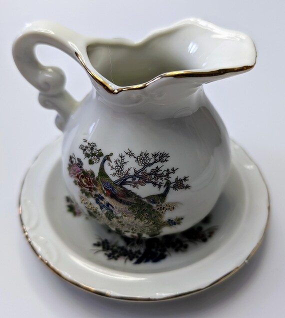 Vintage - Chamber Pot with Bowl with Golden Peacock / Marked Japan - 4.5'' Tall x 5'' Wide (bowl)