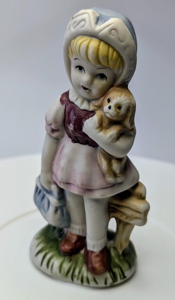 Vintage - Girl Figurine with Blue Bag and Dog - Porcelain - 4.5'' Tall