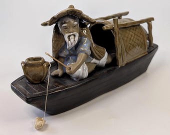 Vintage - Asian Fisherman and Boat - Figurine Shiwan - handmade - made of clay