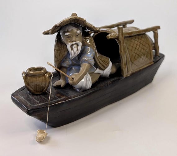 Vintage - Asian Fisherman and Boat - Figurine Shiwan - handmade - made of clay