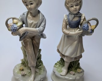 Vintage - Porcelain Couple Figurine / Basket of Flowers - Hand Painted - 7''Tall