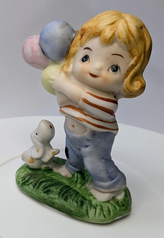 Vintage - Figurine - Child with Striped Sweater and Balloons - Girl - Boy - Porcelain - 4''Tall