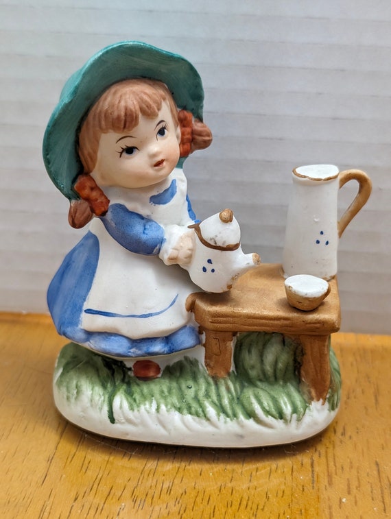Vintage - Girl Figurine with Porcelain Tea Set - Marked Korea - 3.5'' Tall