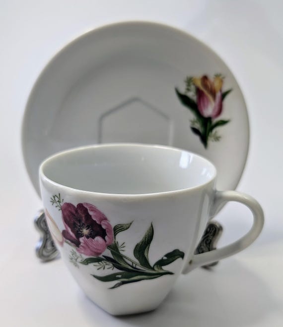 Vintage - Tea Cup with Porcelain Saucer - White with flower pattern - Marked Japan - 5.5''diam saucer and 3'' cup tall