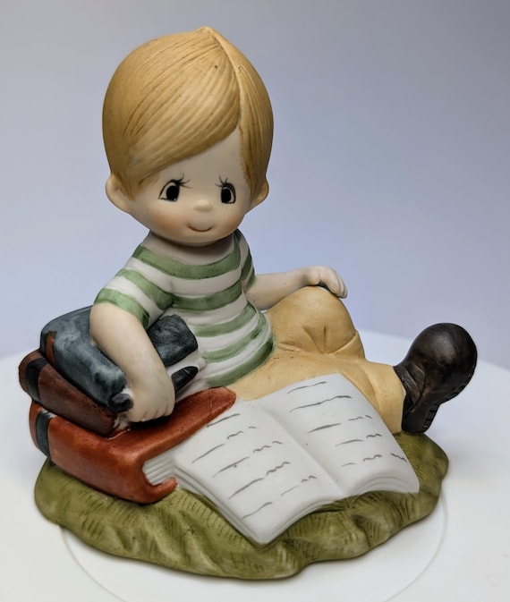 Vintage - figurine  - Boy in Striped Vest with Books - Porcelain - 4.5'' Tall