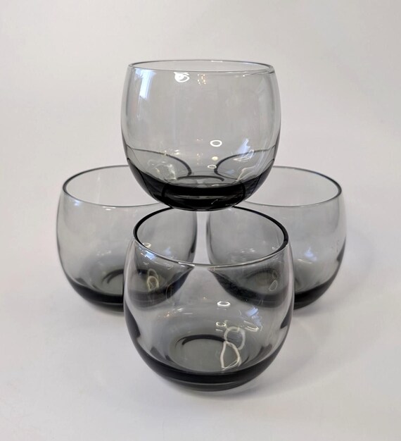 Vintage - Set of 4 Retro Round Smoky Glasses - 2.75'' High x 2.75'' Diameter