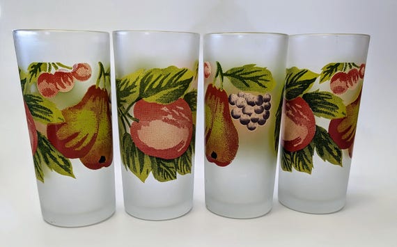 Vintage - Set of 4 MCM Frosted Fruit Glasses - 5.5'' High