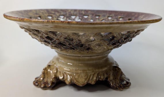 Vintage - Superb Bowl on pedestal / base - pottery - openwork - shade of brown - 9.5'' diameter and 4.5'' high