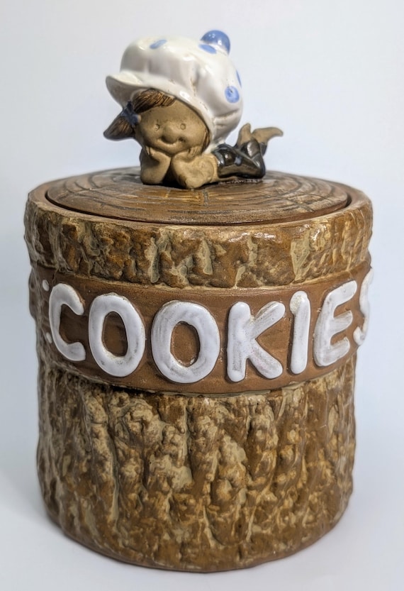 Vintage - Cute Terracotta Biscuit Jar with Hard Girl Lid - 8.5'' Tall