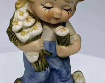 Vintage - figurine - child in overalls and plaid hat - porcelain - 4.25'' tall