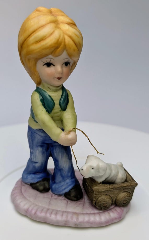 Vintage - Figurine - Young Boy with White Dog - Porcelain - 4''Tall