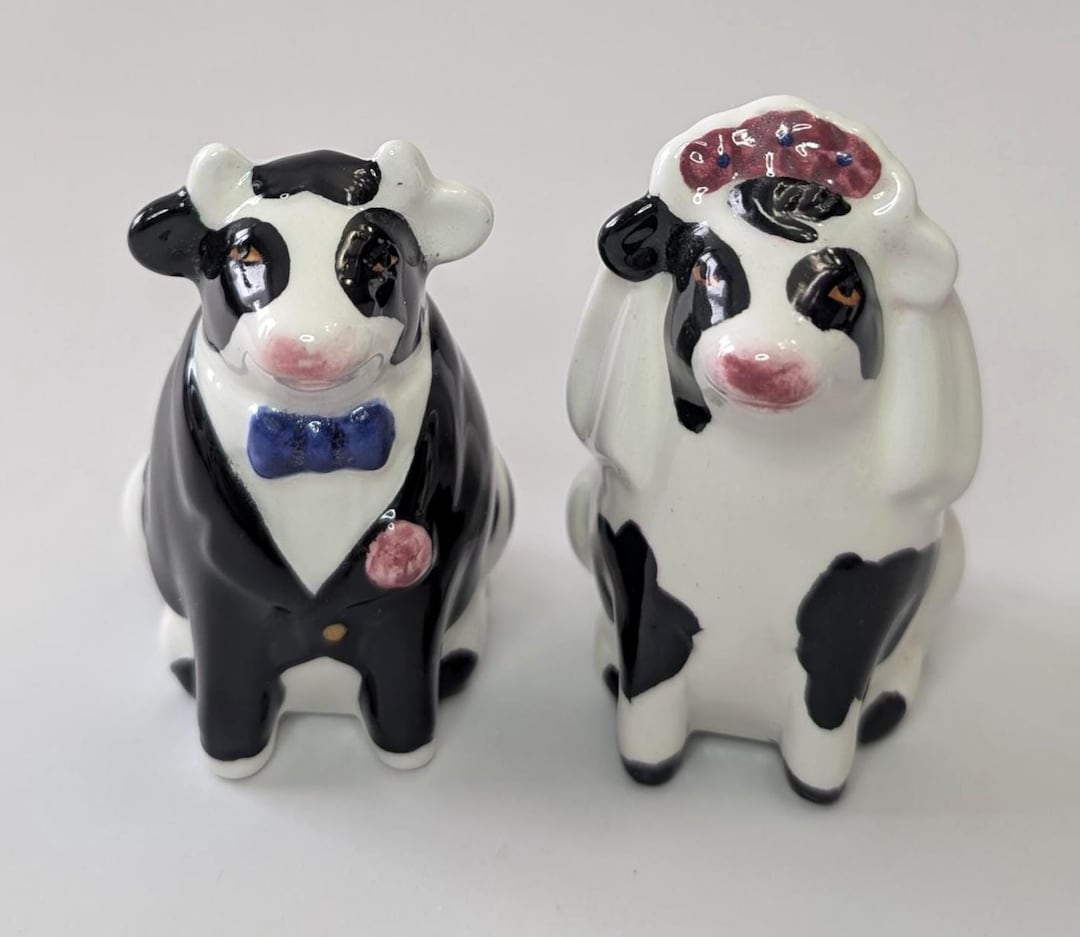 Vintage - Ceramic salt and pepper shaker set, "Wedding Cows" design - marked CA