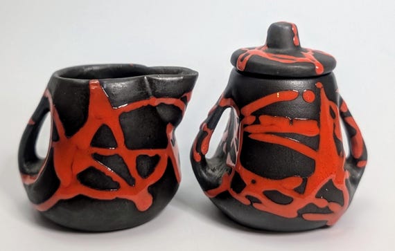 Vintage - Pottery Creamer and Sugar Set - Laurentian - Marked Quebec - 4''Tall for Sugar / Milk Made 3'' Tall
