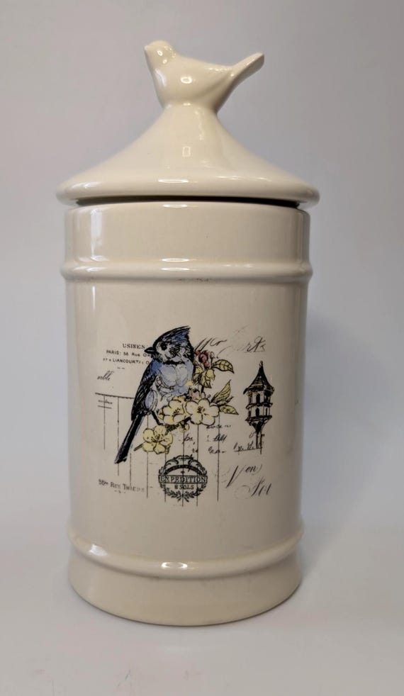 Vintage - Cute Storage Jar with Bird - Bird Handle - Ceramic - 8.5'' High with Lid