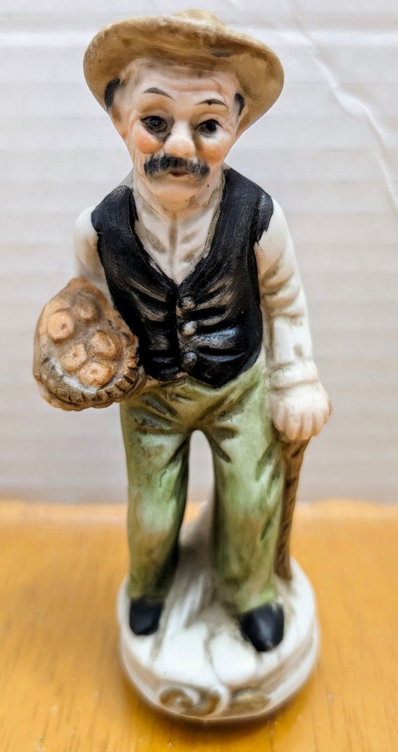 Vintage - Old Man Figurine with Basket Apples - Measures 4.5" Tall