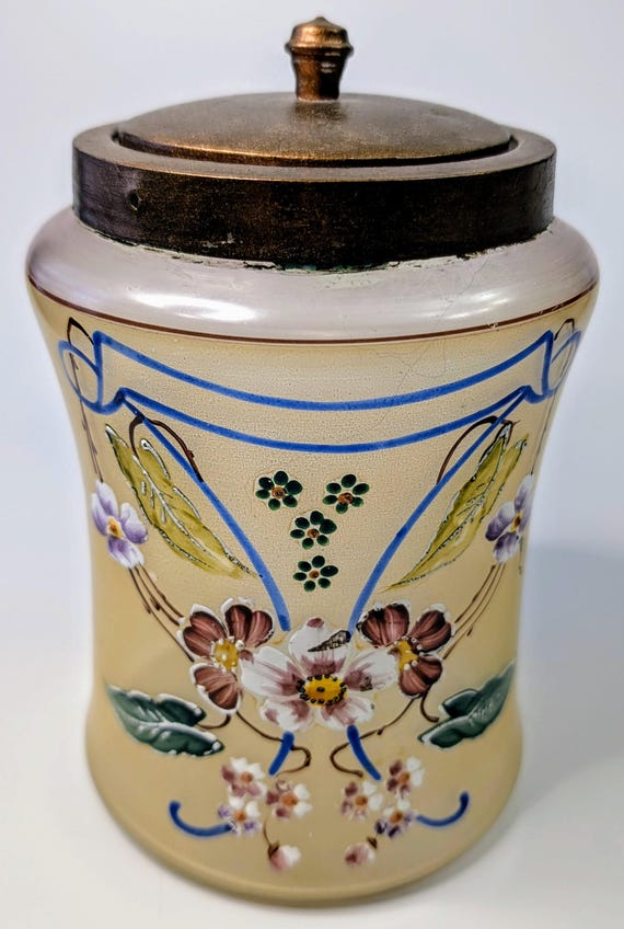 Vintage - Glass Container - Enamel on Glass - Hand Painted - 7.5'' Tall x 4.5'' Diameter at Opening