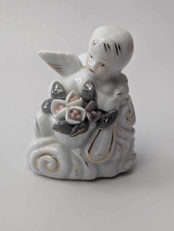 Vintage - Cherub Angel Figurine with Flowers and Porcelain Gilding - 3.75'' Tall