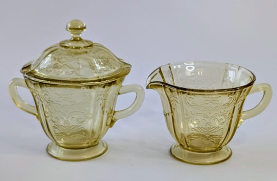 Vintage - Creamer / Cream and Sugar with Amber Glass Lid - by Federal Glass - 3.25''Tall + 5.5''Tall for Sugar Bowl