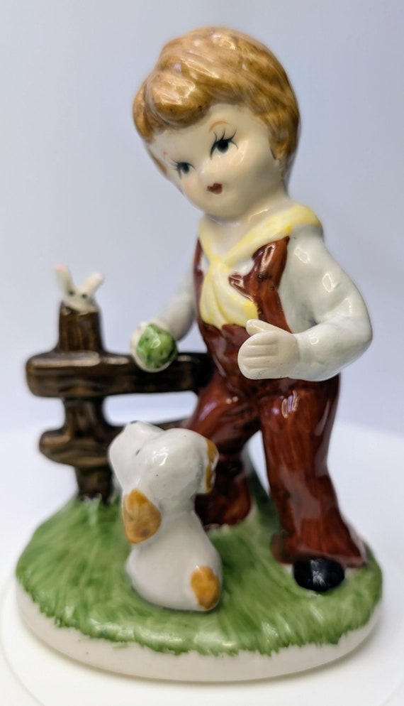 Vintage - Figurine - Boy, Dog and Butterfly, Fence - Porcelain - Marked Taiwan - 5''Tall