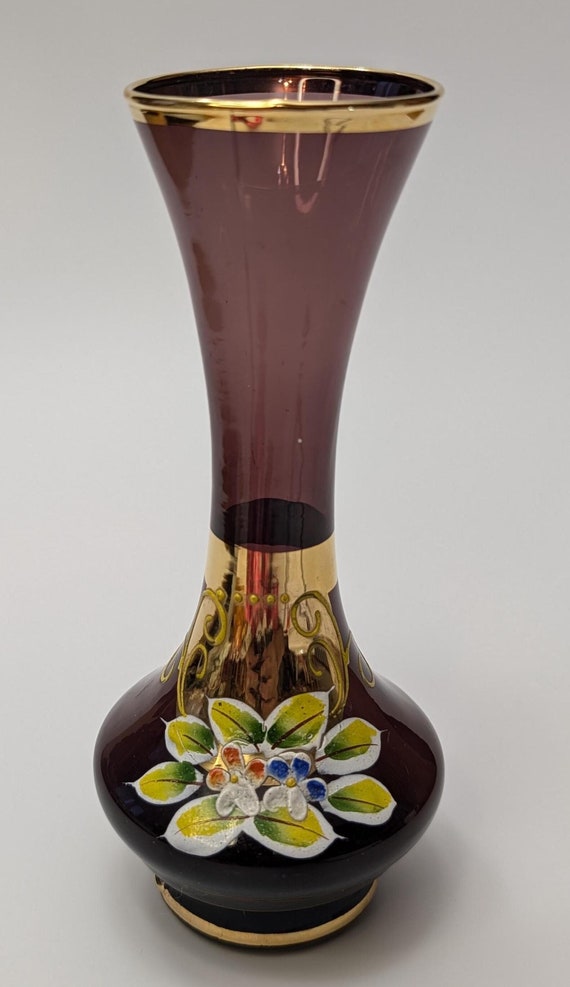 Vintage - Bohemian Glass Amethyst Vase - Hand Painted - 7" tall