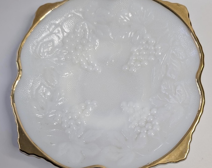 Vtg - Anchor Hocking - Fruit Bowl - white glass and gilt - 9'' long x 9'' wide
