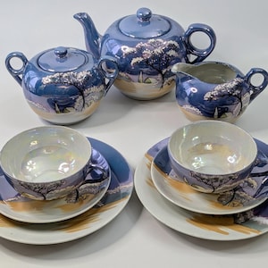 Vintage - Japanisches Teeservice - Teekanne - Milch & Zucker - 2 kleine Teller - 2 Untertassen - Porzellan - Handbemalt - 11-tlg.