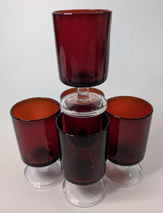 Vintage - Luminarc Glass - France - Cavalier - Set of 5 Glasses - Ruby - Measures 3.75''tall x 2''diam.