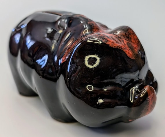 Vintage - McMaster Pottery Pig Bank - red drip - 7'' tall x 3.5'' tall