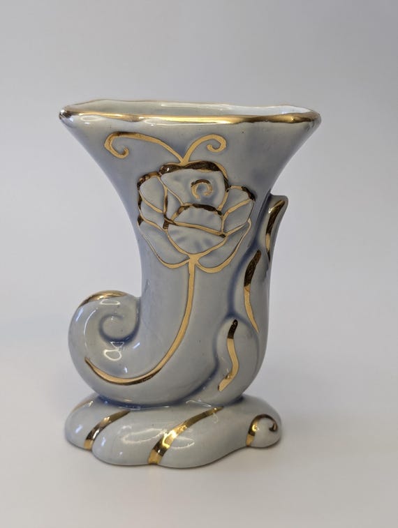 Vintage - Pale Blue Ceramic Vase with Gilding - Cornucopia - Cornucopia - 5''Tall