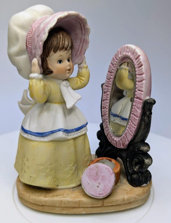 Vintage - Figurine - Enesco - Girl with Bonnet in Front of Her Mirror - Porcelain - 5''Tall