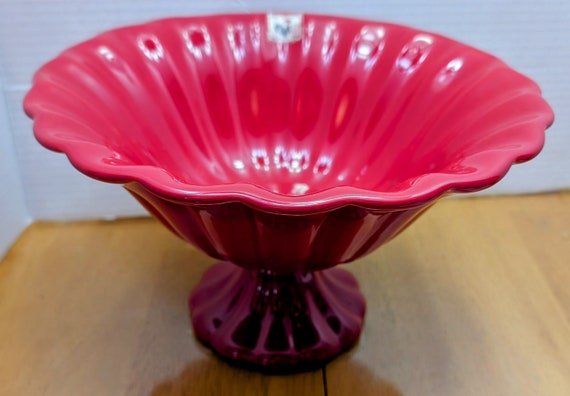 Made in Portugal - Red Bowl on Pedestal - Handmade - 10.5'' Diameter and 6'' Tall
