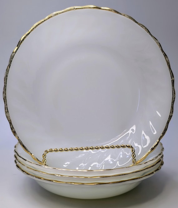 Vintage - Set of 4 Salad Plates - Milk Glass - Gold Rim - Anchor Hocking - 8''diam. x 1.5'' high