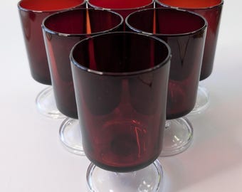 Vintage - Vaso Luminarc - Cavalier - Francia - Juego de 6 vasos - Rubí - 4'' alto x 2,25'' diámetro.